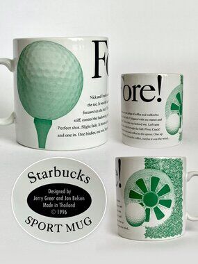 Starbucks 1996 Fore! Golf Sport Coffee Tea Mug Cup 16 oz White Green Collectible